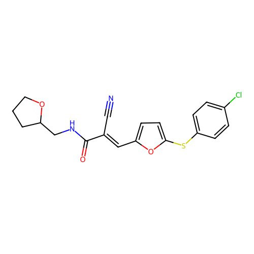 (2E)-3-{5-[(4-chlorophenyl)sulfanyl]furan-2-yl}-2-cyano-N-(tetrahydrofuran-2-ylmethyl)prop-2-enamide structure