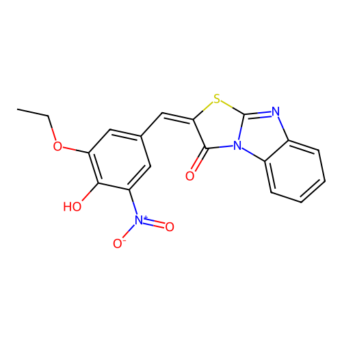 (E)-2-(3-ethoxy-4-hydroxy-5-nitrobenzylidene)benzo[4,5]imidazo[2,1-b]thiazol-3(2H)-one structure