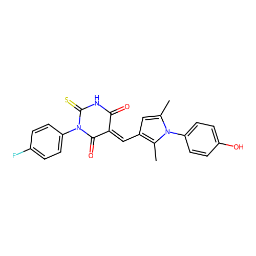 (5E)-1-(4-fluorophenyl)-5-{[1-(4-hydroxyphenyl)-2,5-dimethyl-1H-pyrrol-3-yl]methylidene}-2-thioxodihydropyrimidine-4,6(1H,5H)-dione structure