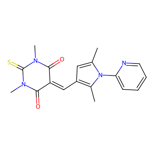 5-{[2,5-dimethyl-1-(pyridin-2-yl)-1H-pyrrol-3-yl]methylidene}-1,3-dimethyl-2-thioxodihydropyrimidine-4,6(1H,5H)-dione structure