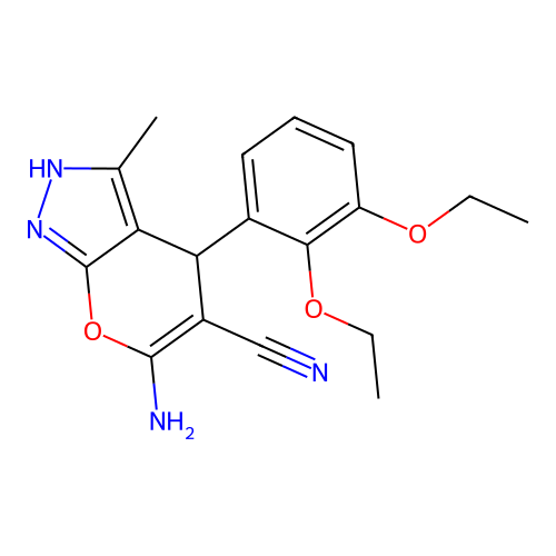 6-amino-4-(2,3-diethoxyphenyl)-3-methyl-1,4-dihydropyrano[2,3-c]pyrazole-5-carbonitrile structure