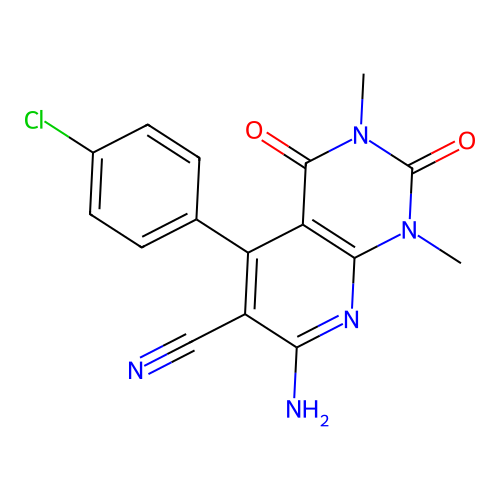 7-amino-5-(4-chlorophenyl)-1,3-dimethyl-2,4-dioxo-1,2,3,4-tetrahydropyrido[2,3-d]pyrimidine-6-carbonitrile structure