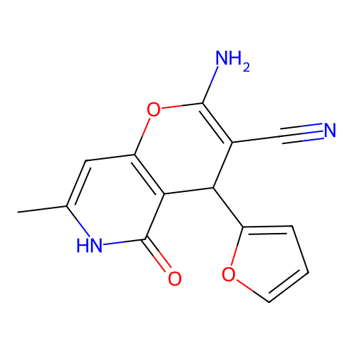 2-amino-4-(furan-2-yl)-7-methyl-5-oxo-5,6-dihydro-4H-pyrano[3,2-c]pyridine-3-carbonitrile structure