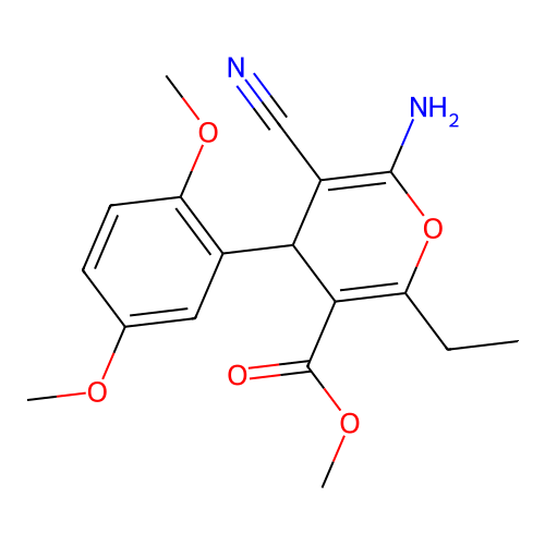 methyl 6-amino-5-cyano-4-(2,5-dimethoxyphenyl)-2-ethyl-4H-pyran-3-carboxylate structure