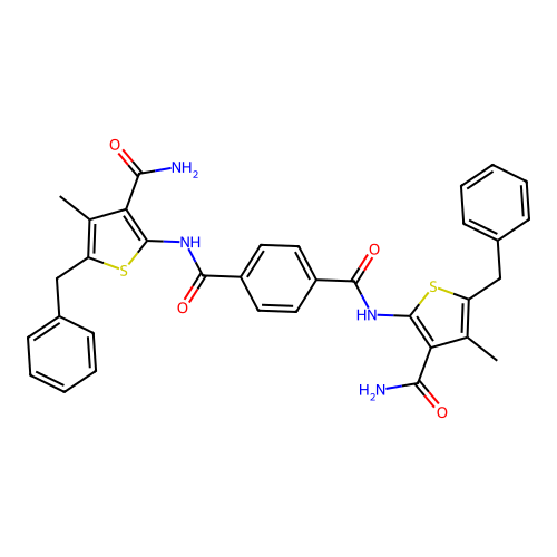 N,N'-bis(5-benzyl-3-carbamoyl-4-methylthiophen-2-yl)benzene-1,4-dicarboxamide structure