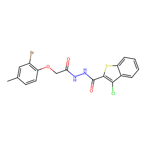 N'-[(2-bromo-4-methylphenoxy)acetyl]-3-chloro-1-benzothiophene-2-carbohydrazide structure