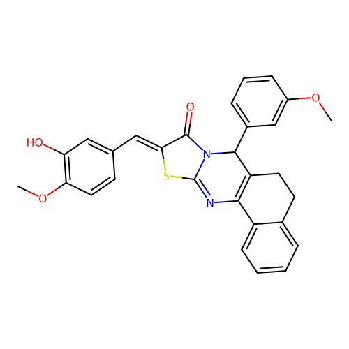 (10Z)-10-(3-hydroxy-4-methoxybenzylidene)-7-(3-methoxyphenyl)-5,7-dihydro-6H-benzo[h][1,3]thiazolo[2,3-b]quinazolin-9(10H)-one structure