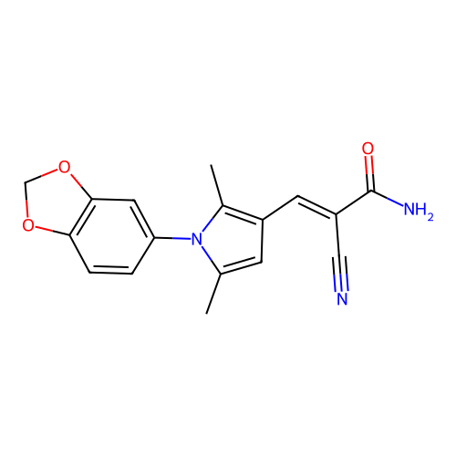 3-[1-(1,3-dioxaindan-5-yl)-2,5-dimethyl-1H-pyrrol-3-yl]-2-cyanoprop-2-enamide structure
