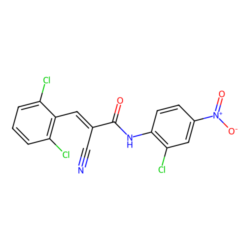 (E)-N-(2-chloro-4-nitrophenyl)-2-cyano-3-(2,6-dichlorophenyl)prop-2-enamide structure