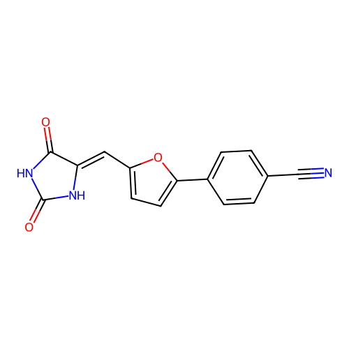 (Z)-4-(5-((2,5-dioxoimidazolidin-4-ylidene)methyl)furan-2-yl)benzonitrile structure