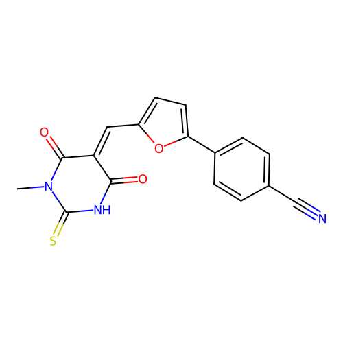 4-{5-[(E)-(1-methyl-4,6-dioxo-2-thioxotetrahydropyrimidin-5(2H)-ylidene)methyl]furan-2-yl}benzonitrile structure