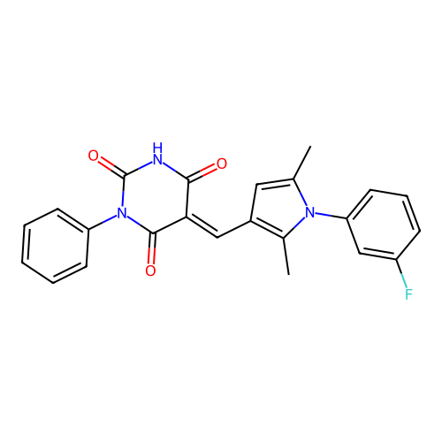 (5E)-5-{[1-(3-fluorophenyl)-2,5-dimethyl-1H-pyrrol-3-yl]methylidene}-1-phenylpyrimidine-2,4,6(1H,3H,5H)-trione structure