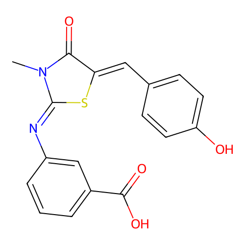 3-((E)-((Z)-5-(4-hydroxybenzylidene)-3-methyl-4-oxothiazolidin-2-ylidene)amino)benzoic acid structure