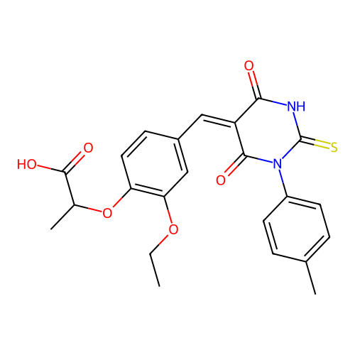 2-(2-ethoxy-4-{(Z)-[1-(4-methylphenyl)-4,6-dioxo-2-thioxotetrahydropyrimidin-5(2H)-ylidene]methyl}phenoxy)propanoic acid structure