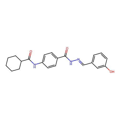 N-(4-{[2-(3-hydroxybenzylidene)hydrazino]carbonyl}phenyl)cyclohexanecarboxamide structure