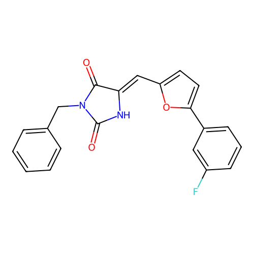 (5Z)-3-benzyl-5-[[5-(3-fluorophenyl)furan-2-yl]methylidene]imidazolidine-2,4-dione structure