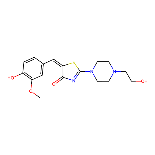 (E)-5-(4-hydroxy-3-methoxybenzylidene)-2-(4-(2-hydroxyethyl)piperazin-1-yl)thiazol-4(5H)-one structure