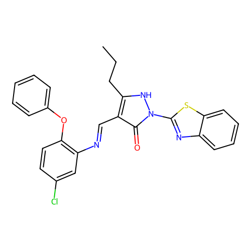 (4E)-2-(1,3-benzothiazol-2-yl)-4-{[(5-chloro-2-phenoxyphenyl)amino]methylidene}-5-propyl-2,4-dihydro-3H-pyrazol-3-one structure