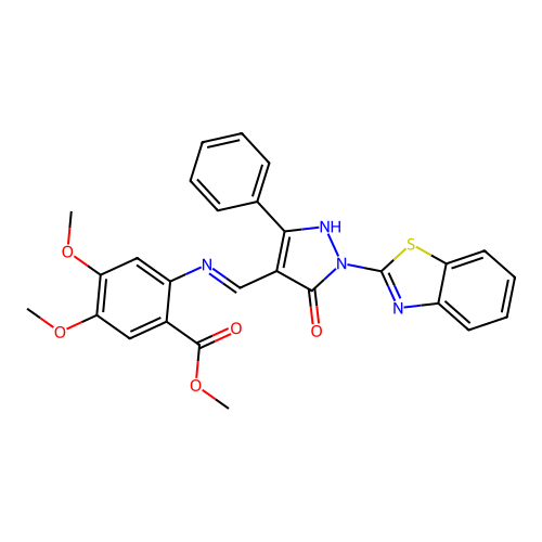 (E)-methyl 2-(((1-(benzo[d]thiazol-2-yl)-5-oxo-3-phenyl-1H-pyrazol-4(5H)-ylidene)methyl)amino)-4,5-dimethoxybenzoate structure