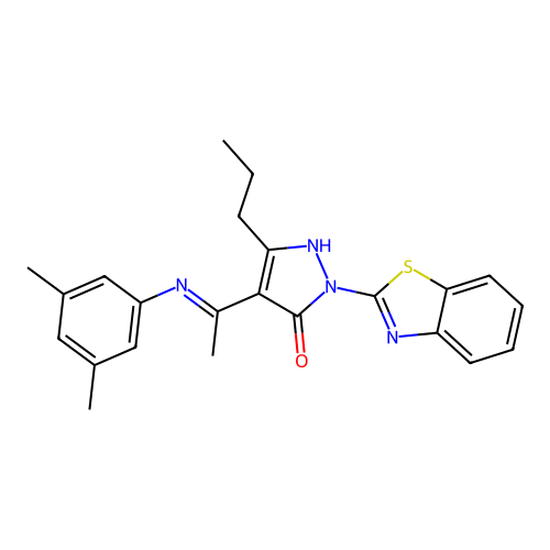 (4E)-2-(1,3-benzothiazol-2-yl)-4-{1-[(3,5-dimethylphenyl)amino]ethylidene}-5-propyl-2,4-dihydro-3H-pyrazol-3-one structure