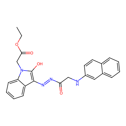 ethyl [(3E)-3-{2-[(naphthalen-2-ylamino)acetyl]hydrazinylidene}-2-oxo-2,3-dihydro-1H-indol-1-yl]acetate structure