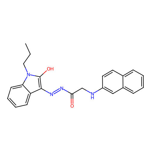 2-(naphthalen-2-ylamino)-N'-[(3E)-2-oxo-1-propyl-1,2-dihydro-3H-indol-3-ylidene]acetohydrazide (non-preferred name) structure