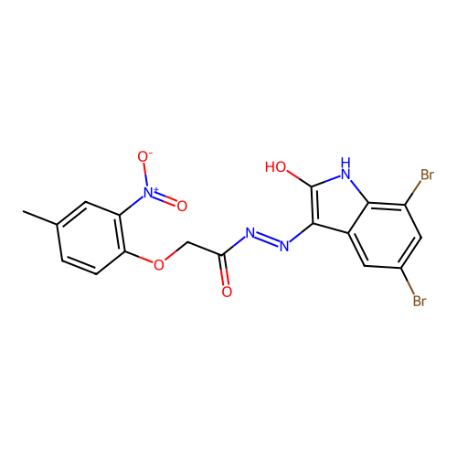 (E)-N'-(5,7-dibromo-2-oxoindolin-3-ylidene)-2-(4-methyl-2-nitrophenoxy)acetohydrazide structure