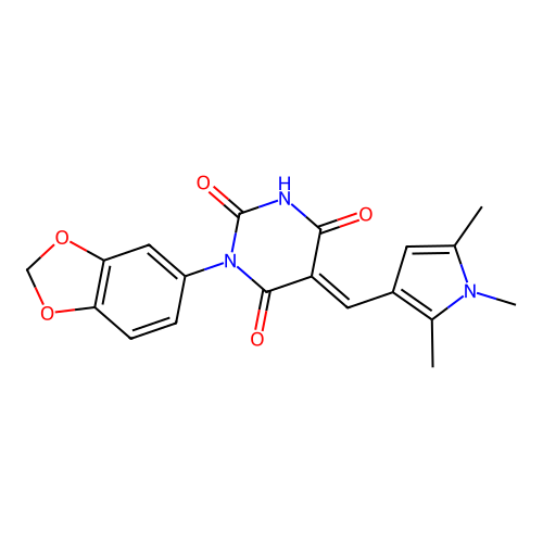 (E)-1-(benzo[d][1,3]dioxol-5-yl)-5-((1,2,5-trimethyl-1H-pyrrol-3-yl)methylene)pyrimidine-2,4,6(1H,3H,5H)-trione structure