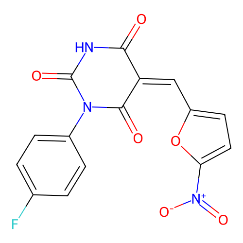 (5Z)-1-(4-fluorophenyl)-5-[(5-nitrofuran-2-yl)methylidene]-1,3-diazinane-2,4,6-trione structure