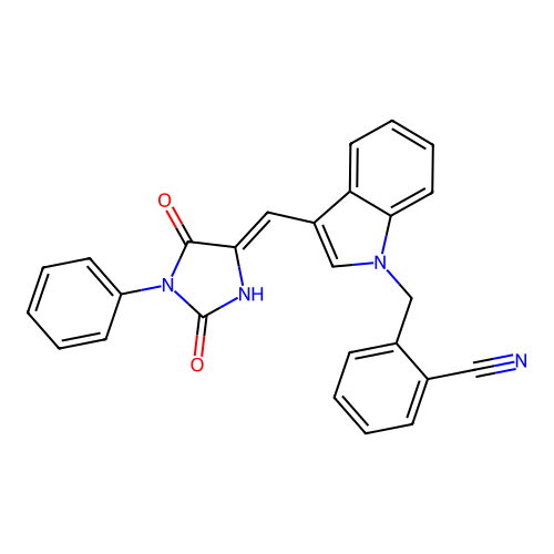 (Z)-2-((3-((2,5-dioxo-1-phenylimidazolidin-4-ylidene)methyl)-1H-indol-1-yl)methyl)benzonitrile structure