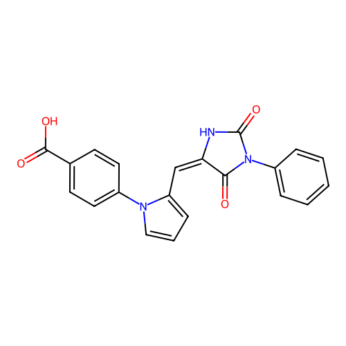 4-[2-[(E)-(2,5-dioxo-1-phenylimidazolidin-4-ylidene)methyl]pyrrol-1-yl]benzoic acid structure