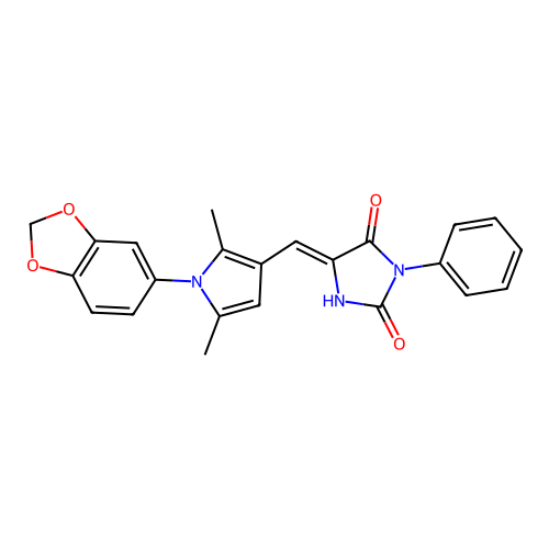 (Z)-5-((1-(benzo[d][1,3]dioxol-5-yl)-2,5-dimethyl-1H-pyrrol-3-yl)methylene)-3-phenylimidazolidine-2,4-dione structure