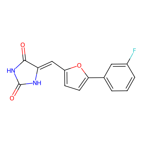 (5Z)-5-[[5-(3-fluorophenyl)furan-2-yl]methylidene]imidazolidine-2,4-dione structure