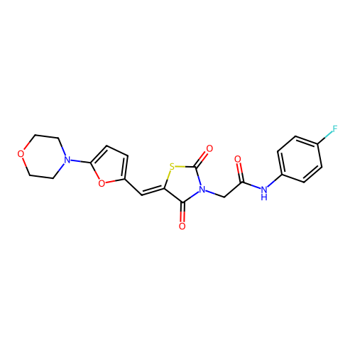 N-(4-fluorophenyl)-2-[(5Z)-5-{[5-(morpholin-4-yl)furan-2-yl]methylidene}-2,4-dioxo-1,3-thiazolidin-3-yl]acetamide structure