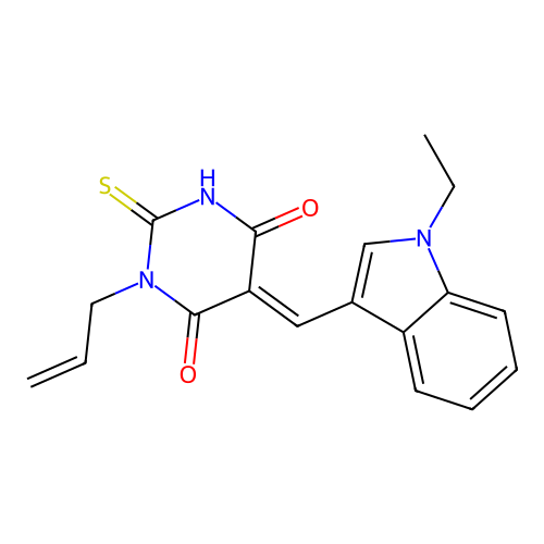 (5E)-5-[(1-ethyl-1H-indol-3-yl)methylidene]-1-(prop-2-en-1-yl)-2-thioxodihydropyrimidine-4,6(1H,5H)-dione structure