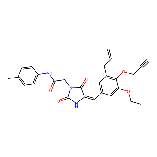 2-[(4E)-4-[(3-ethoxy-5-prop-2-enyl-4-prop-2-ynoxyphenyl)methylidene]-2,5-dioxoimidazolidin-1-yl]-N-(4-methylphenyl)acetamide structure