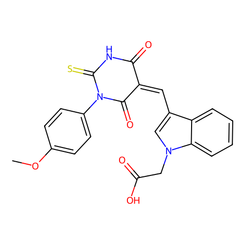 (3-{(Z)-[1-(4-methoxyphenyl)-4,6-dioxo-2-sulfanyl-1,6-dihydropyrimidin-5(4H)-ylidene]methyl}-1H-indol-1-yl)acetic acid structure