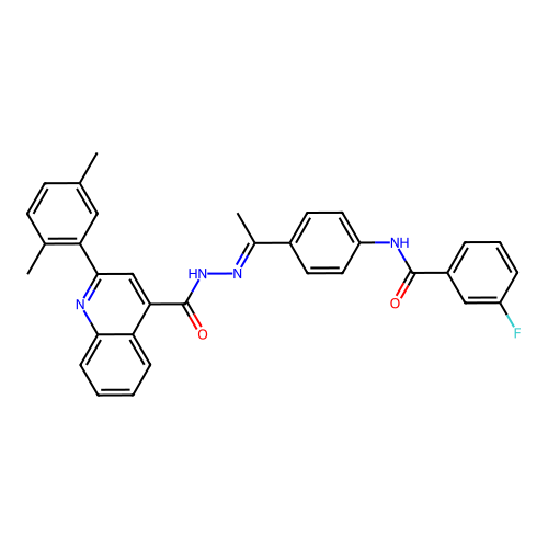 2-(2,5-dimethylphenyl)-N-[(E)-1-[4-[(3-fluorobenzoyl)amino]phenyl]ethylideneamino]quinoline-4-carboxamide structure