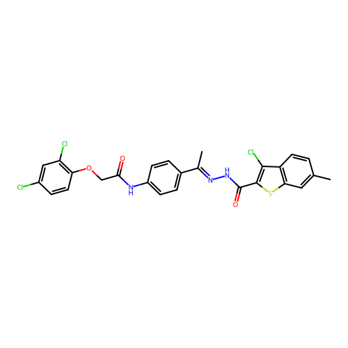 3-chloro-N-[(E)-1-[4-[[2-(2,4-dichlorophenoxy)acetyl]amino]phenyl]ethylideneamino]-6-methyl-1-benzothiophene-2-carboxamide structure