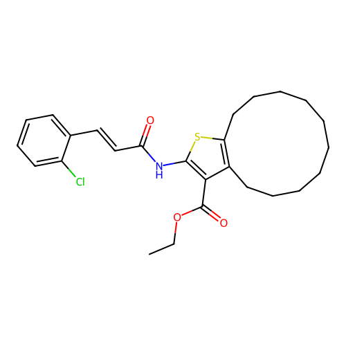 ethyl 2-[[(E)-3-(2-chlorophenyl)prop-2-enoyl]amino]-4,5,6,7,8,9,10,11,12,13-decahydrocyclododeca[b]thiophene-3-carboxylate structure