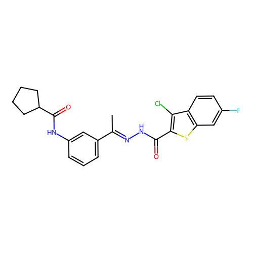 3-chloro-N-[(E)-1-[3-(cyclopentanecarbonylamino)phenyl]ethylideneamino]-6-fluoro-1-benzothiophene-2-carboxamide structure