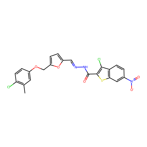 3-chloro-N'-({5-[(4-chloro-3-methylphenoxy)methyl]-2-furyl}methylene)-6-nitro-1-benzothiophene-2-carbohydrazide structure