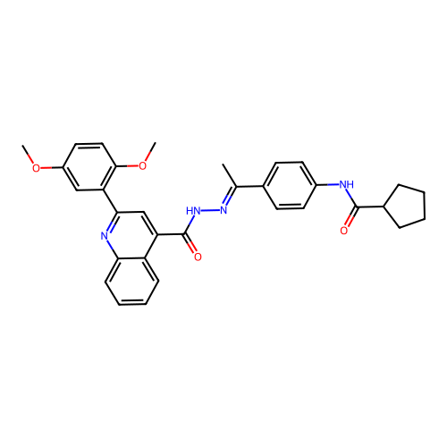 N-[(E)-1-[4-(cyclopentanecarbonylamino)phenyl]ethylideneamino]-2-(2,5-dimethoxyphenyl)quinoline-4-carboxamide structure
