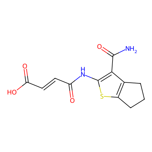 (2E)-4-[(3-carbamoyl-5,6-dihydro-4H-cyclopenta[b]thiophen-2-yl)amino]-4-oxobut-2-enoic acid structure