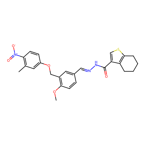 N-[(E)-[4-methoxy-3-[(3-methyl-4-nitrophenoxy)methyl]phenyl]methylideneamino]-4,5,6,7-tetrahydro-1-benzothiophene-3-carboxamide structure