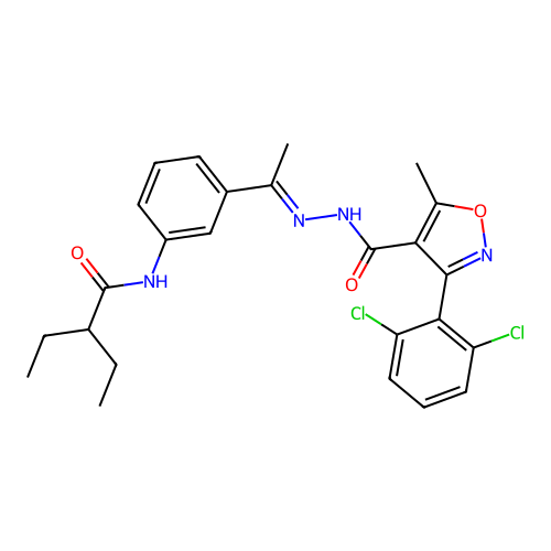 3-(2,6-dichlorophenyl)-N-[(E)-1-[3-(2-ethylbutanoylamino)phenyl]ethylideneamino]-5-methyl-1,2-oxazole-4-carboxamide structure
