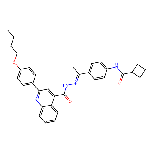 2-(4-butoxyphenyl)-N-[(E)-1-[4-(cyclobutanecarbonylamino)phenyl]ethylideneamino]quinoline-4-carboxamide structure