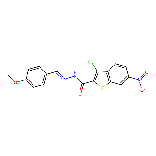 3-chloro-N-[(E)-(4-methoxyphenyl)methylideneamino]-6-nitro-1-benzothiophene-2-carboxamide structure