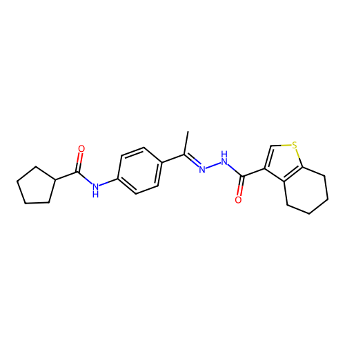N-[(E)-1-[4-(cyclopentanecarbonylamino)phenyl]ethylideneamino]-4,5,6,7-tetrahydro-1-benzothiophene-3-carboxamide structure
