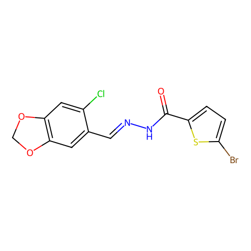 5-bromo-N-[(E)-(6-chloro-1,3-benzodioxol-5-yl)methylideneamino]thiophene-2-carboxamide structure